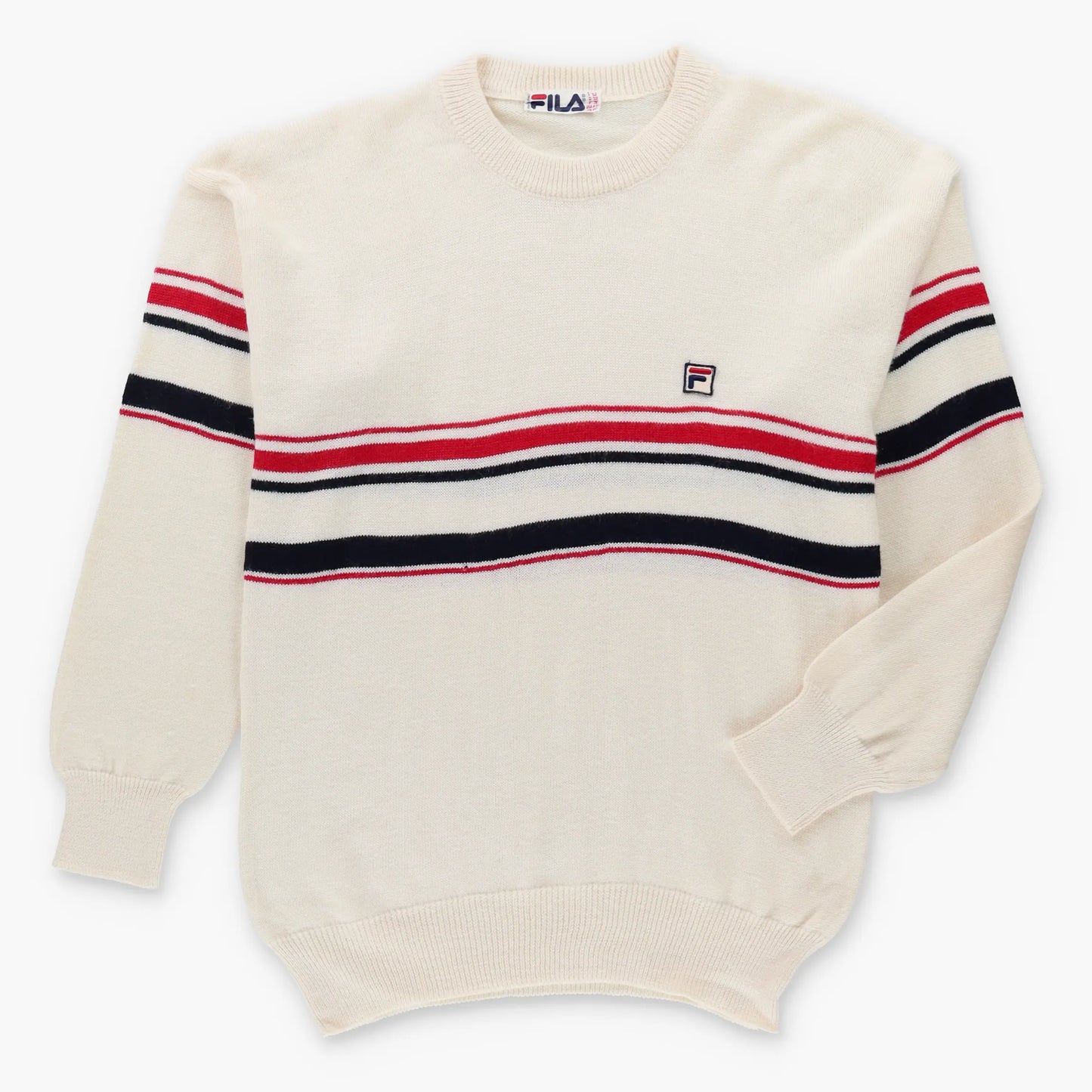 Vintage FIILA 80's Embroidered Striped Beige Italy Made Knit Sweater (L)