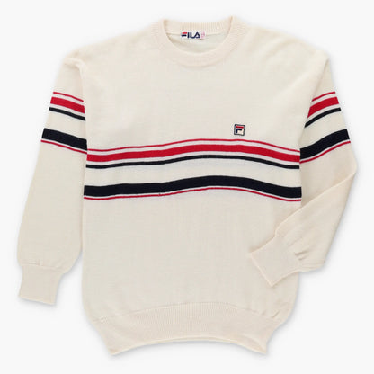 Vintage FIILA 80's Embroidered Striped Beige Italy Made Knit Sweater (L)