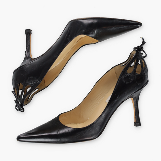 JIMMY CHOO Black Cut Out Tie Leather Italy Made Pump Heels (37.5)