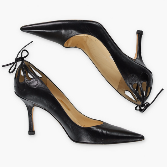 JIMMY CHOO Black Cut Out Tie Leather Italy Made Pump Heels (37.5)