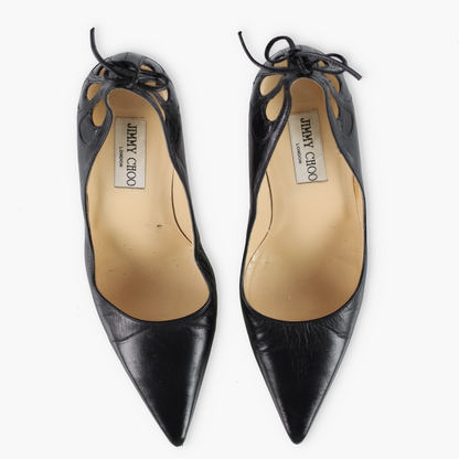 JIMMY CHOO Black Cut Out Tie Leather Italy Made Pump Heels (37.5)