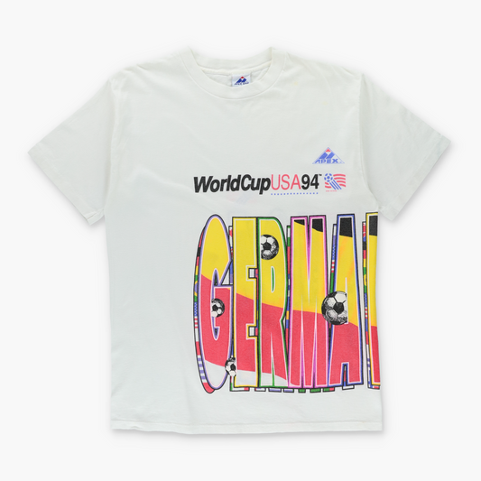 'World Cup USA 94' Germany Puffy Spell Out Graphic USA Made APEX ONE Vintage Soccer T-Shirt (L TALL)