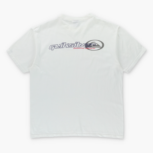 QUIKSILVER Boarding Company Double Sided Spell Out Logo Classic White Tee (L)