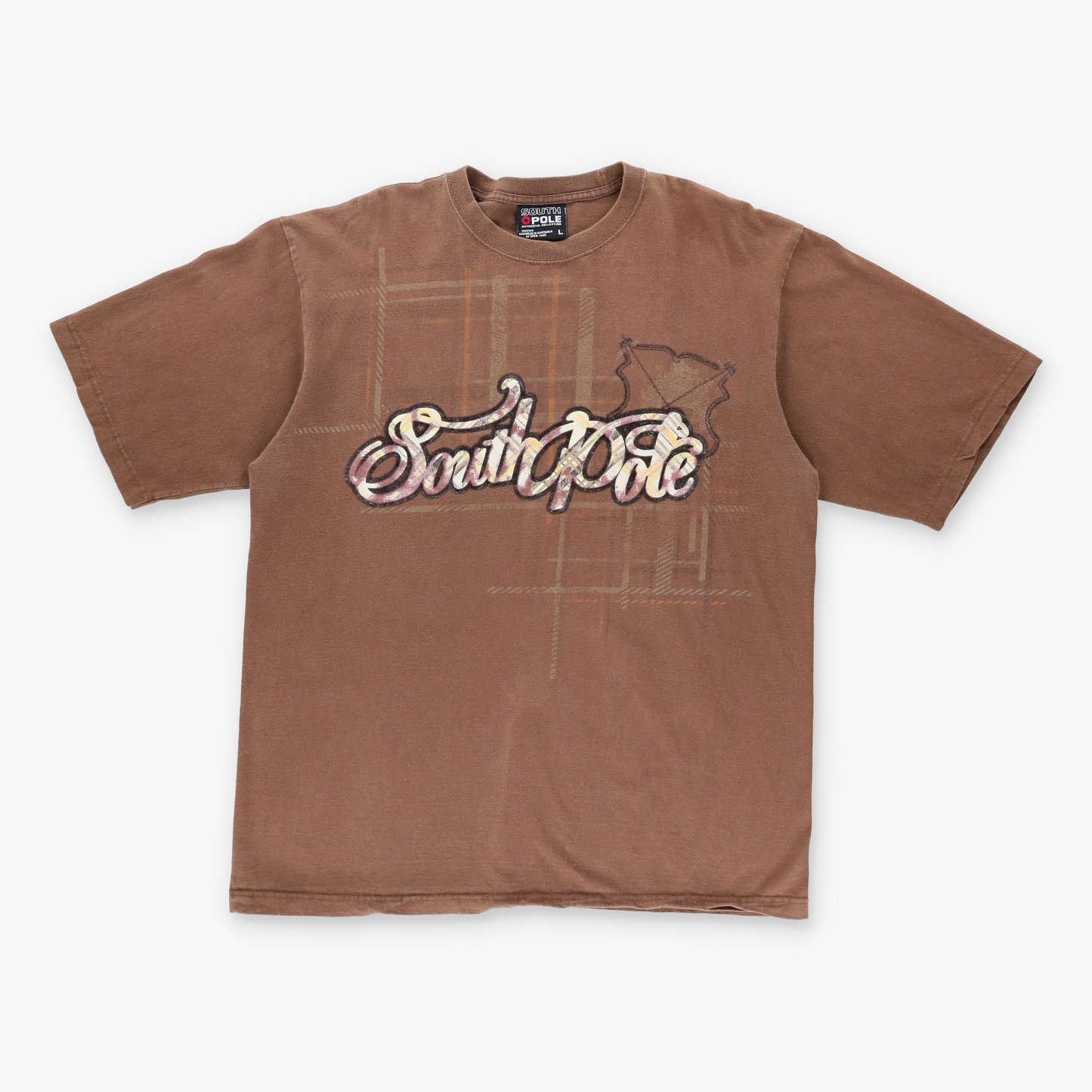 SOUTH POLE Y2K Plaid Spell Out Logo Brown T-Shirt (L-XL)