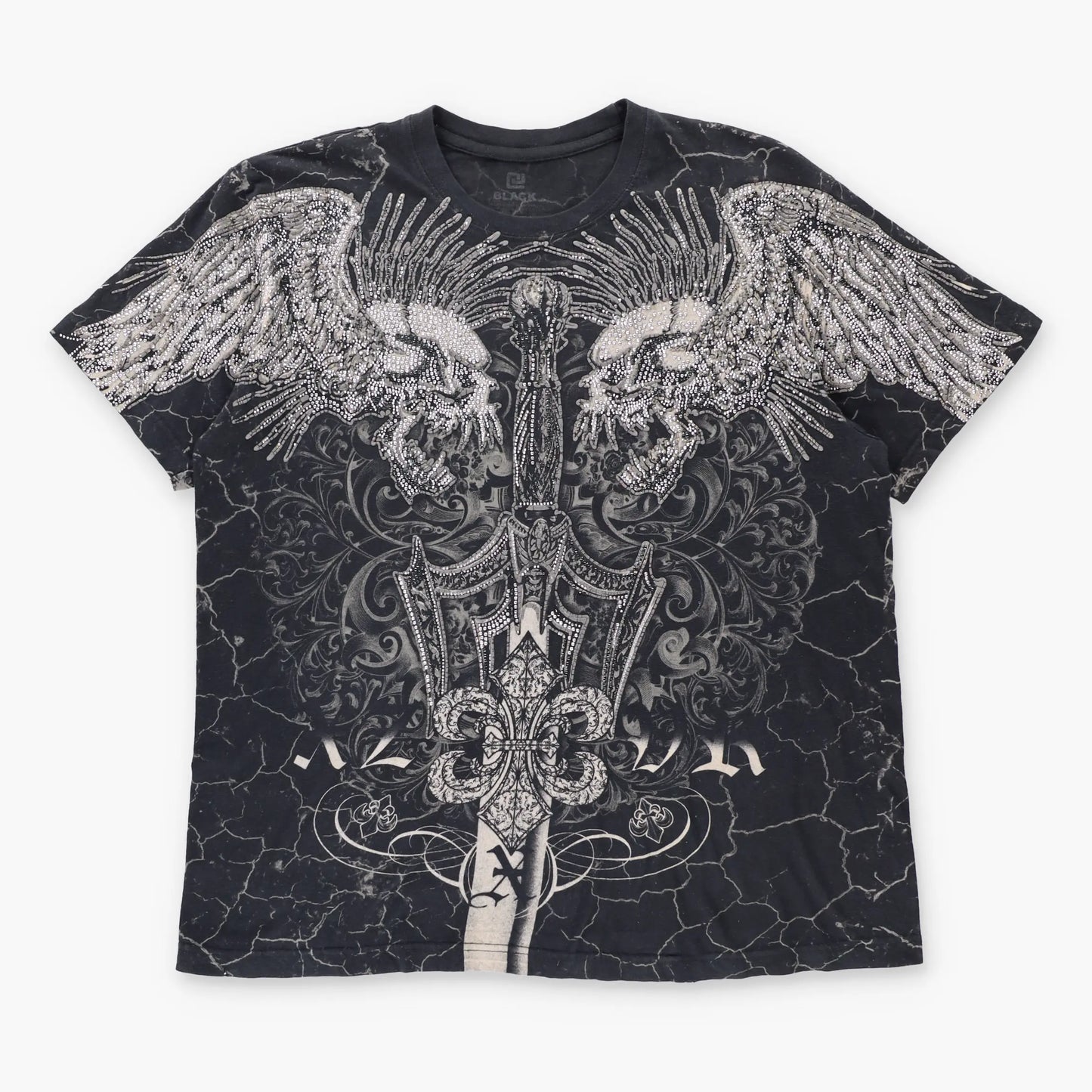 XZAVIER Rhinestone Winged Skulls & Sword All Over Print Black Y2K Tee (L-XL)