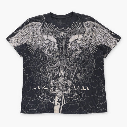 XZAVIER Rhinestone Winged Skulls & Sword All Over Print Black Y2K Tee (L-XL)