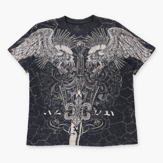 XZAVIER Rhinestone Winged Skulls & Sword All Over Print Black Y2K Tee (L-XL)