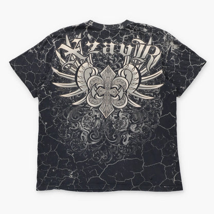 XZAVIER Rhinestone Winged Skulls & Sword All Over Print Black Y2K Tee (L-XL)