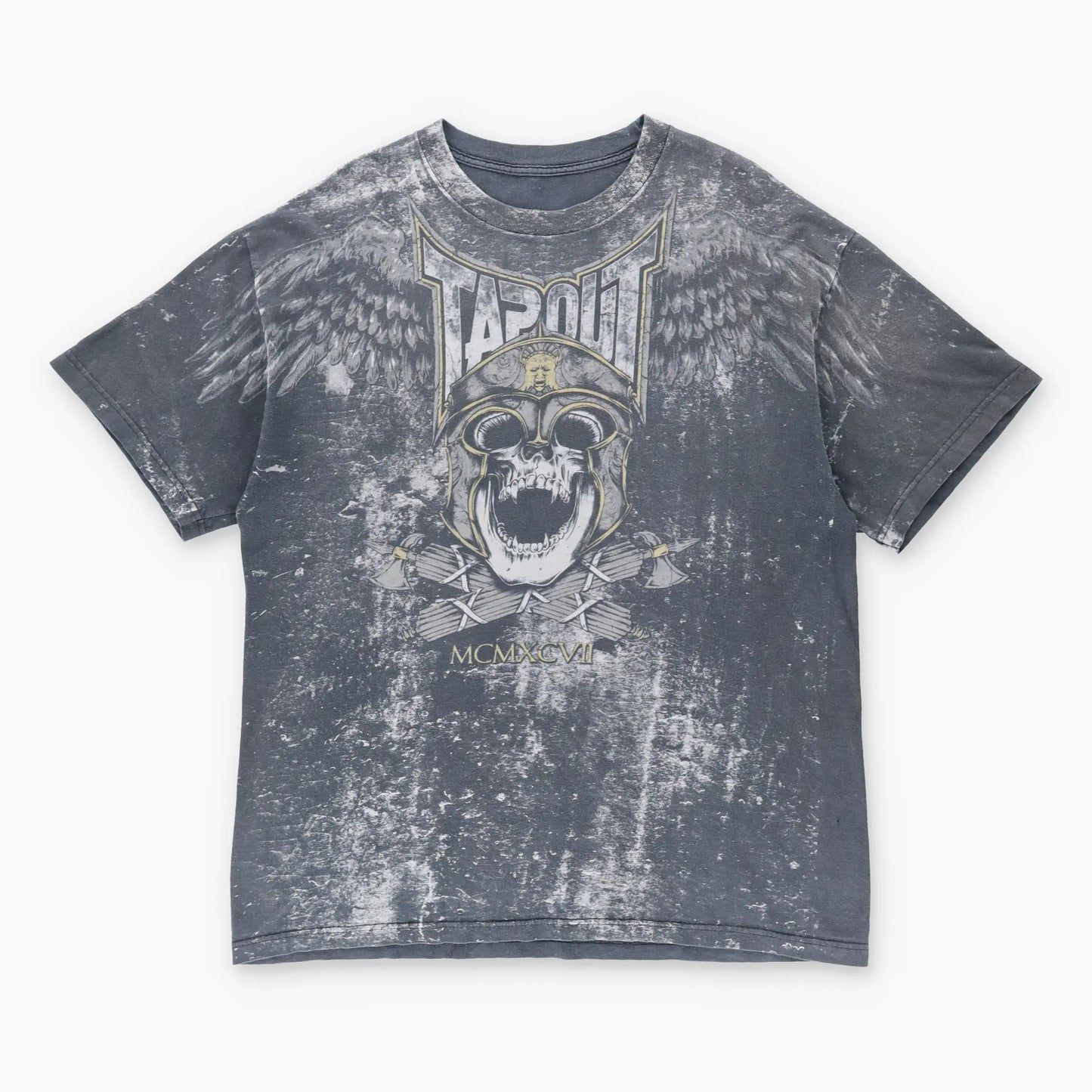TAPOUT Y2K 'World Headquarters' Grunge Skull Wing Faded Vintage Grey T-Shirt (XL)