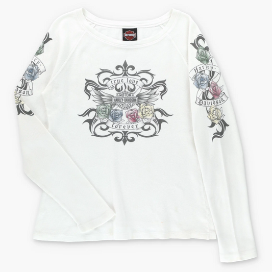HARLEY DAVIDSON "True Love Forever" USA Made Thermal Long Sleeve Tee (Women's L)