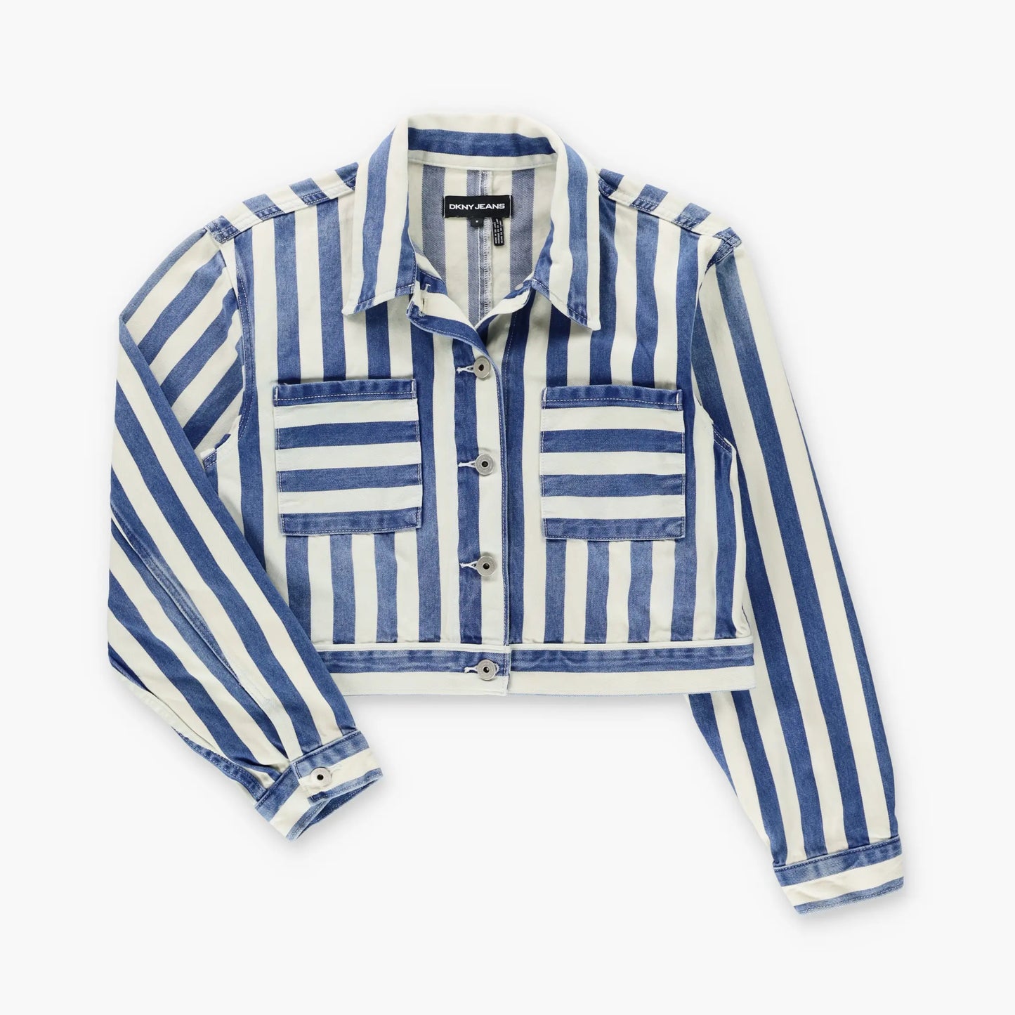 DKNY Blue & White Stripe Front Pocket Cropped Denim Jacket (Women's M)