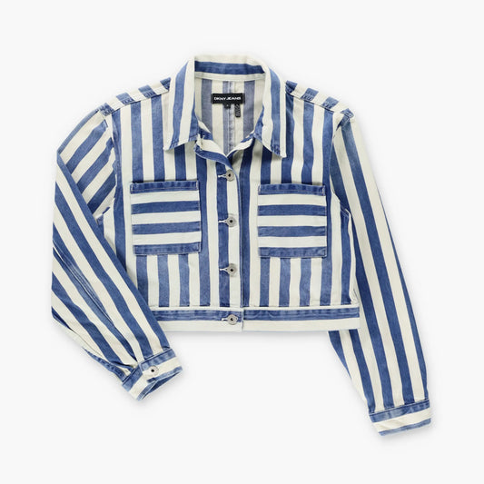 DKNY Blue & White Stripe Front Pocket Cropped Denim Jacket (Women's M)