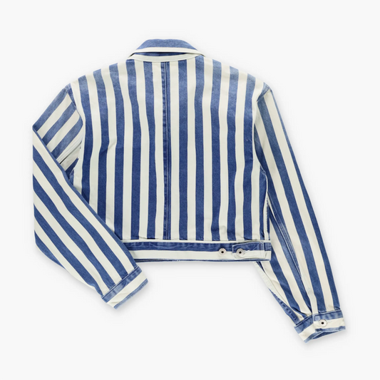 DKNY Blue & White Stripe Front Pocket Cropped Denim Jacket (Women's M)