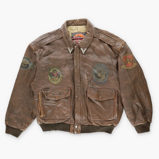 Vintage MIDWAY Silver Collar Tip & Airforce Patch Brown Leather Flight Jacket Korean Made (XL)