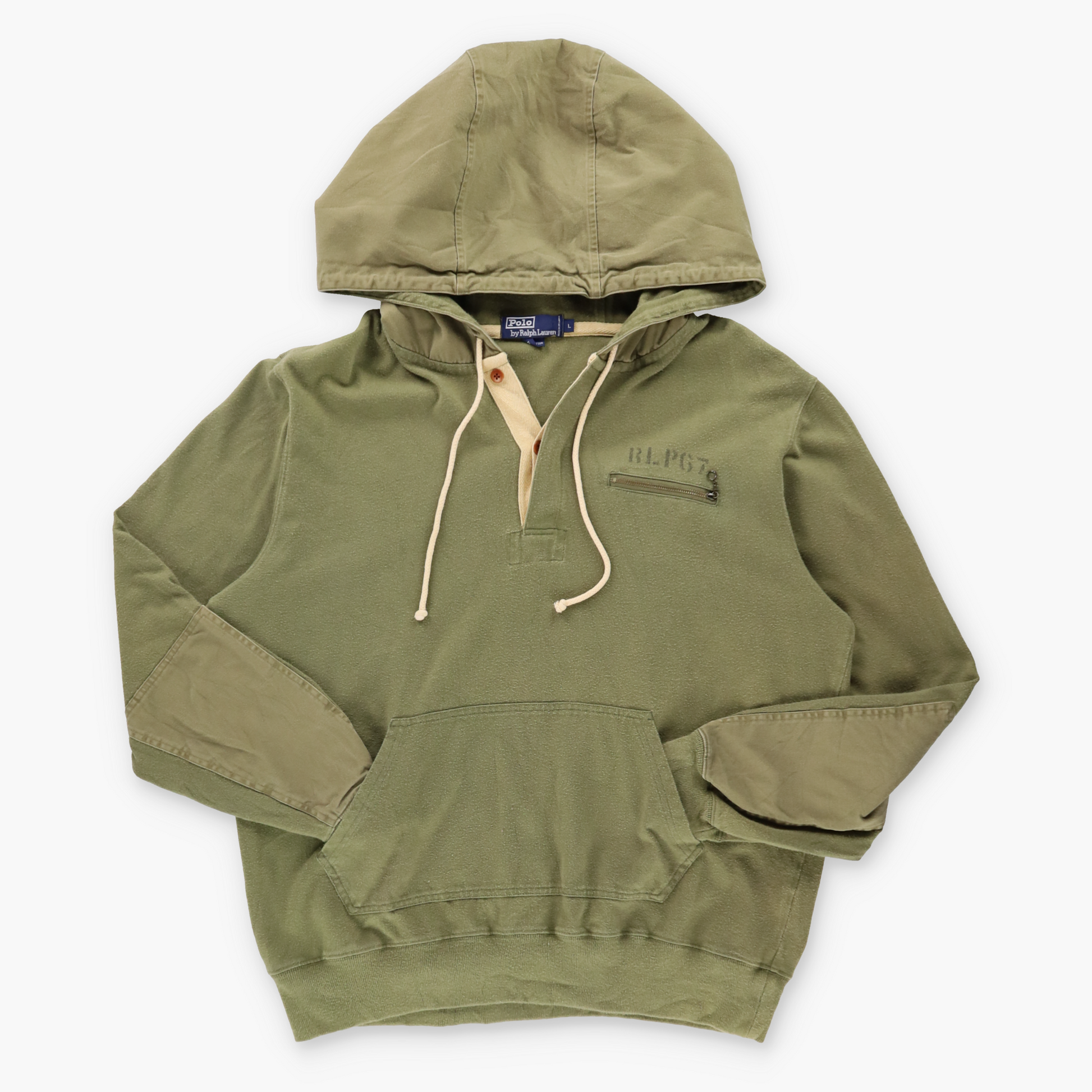 Vintage POLO RALPH LAUREN Military Hooded Khaki Green Sweatshirt (L) *Aubs Vintage Sole Melbourne