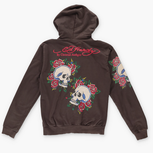 ED HARDY X CHRISTIAN AUDIGIER Y2K Bedazzled Skull Rose USA Made Jacket (XS)
