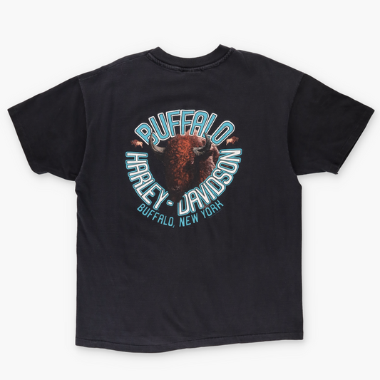 HARLEY DAVIDSON Buffalo New York Logo Black & Blue Motorcycle Tee (XL)