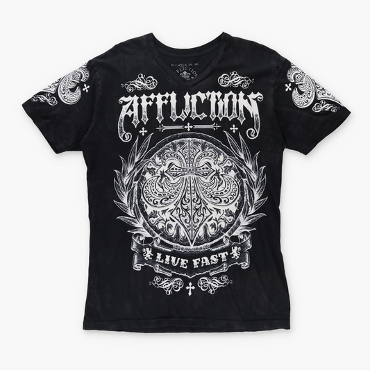 AFFLICTION Y2K Velvour Goth Cross Print USA Made Black & White Tee (L)
