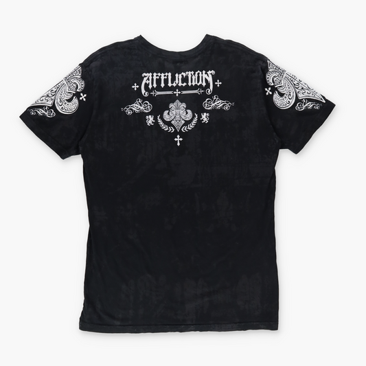 AFFLICTION Y2K Velvour Goth Cross Print USA Made Black & White Tee (L)