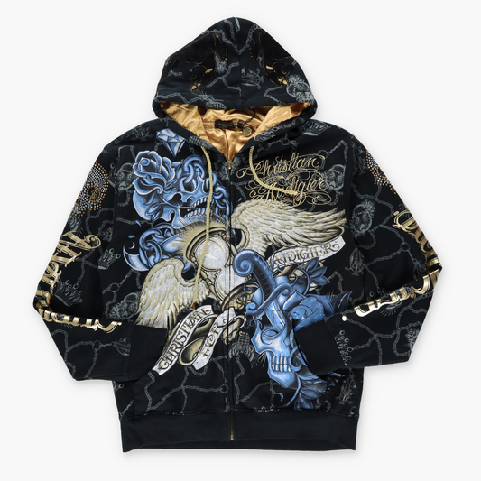 CHRISTIAN AUDIGIER Y2K Gold Embroidered Skull Wing Hoodie Sweatshirt (XL)
