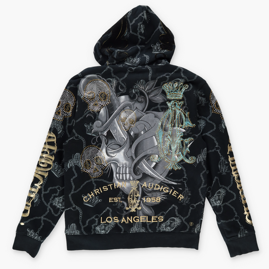 CHRISTIAN AUDIGIER Y2K Gold Embroidered Skull Wing Hoodie Sweatshirt (XL)
