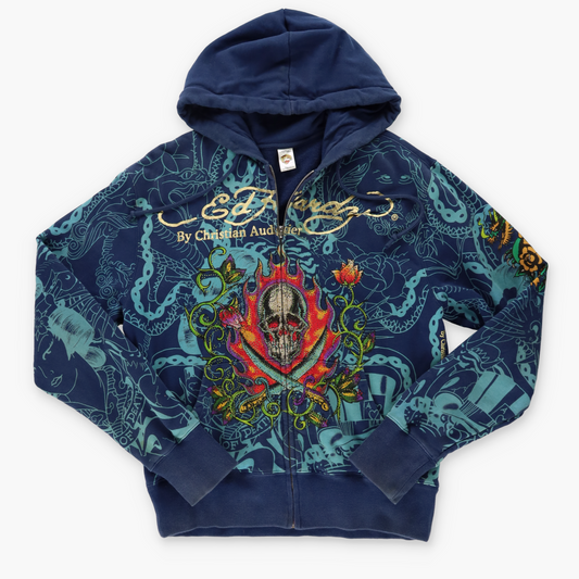 ED HARDY X CHRISTIAN AUDIGUIER Y2K Bedazzled Skull Flame Zip Up Hooded Jacket (M)