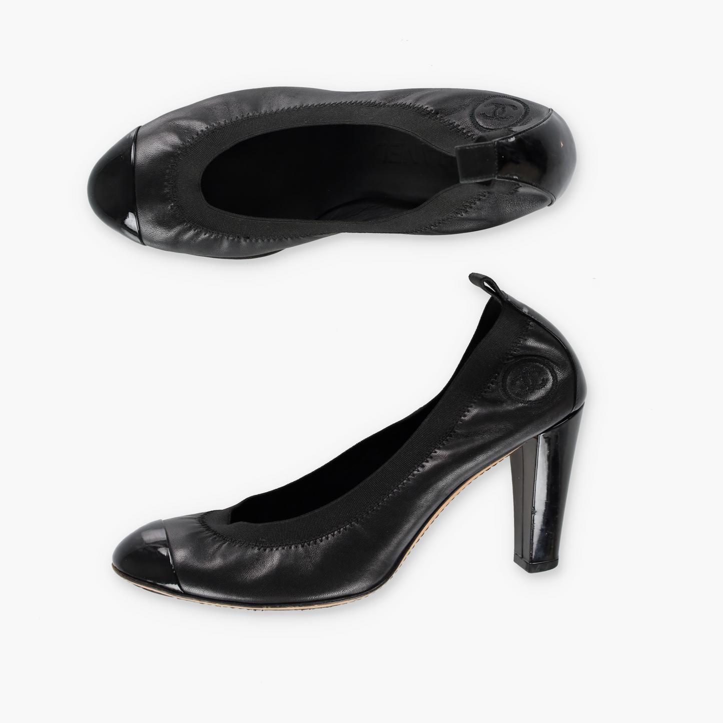 CHANEL 'Stretch Spirit' Black Leather Elastic Ballerina Heels (38.5)