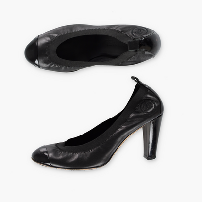 CHANEL 'Stretch Spirit' Black Leather Elastic Ballerina Heels (38.5)
