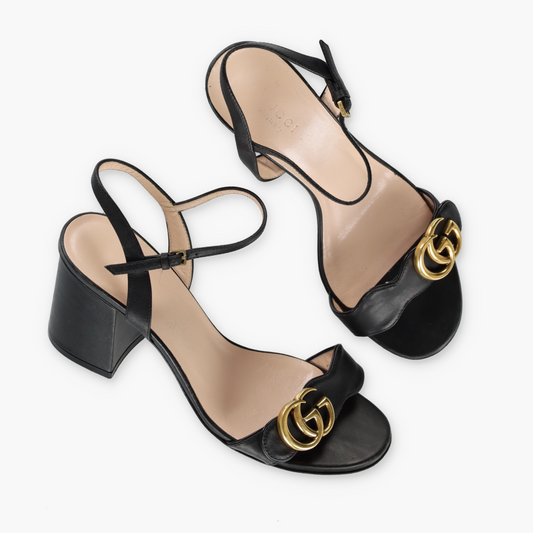 GUCCI GG Marmont Mid-Heel Black Leather Sandals (37)
