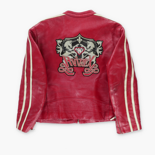 AVIREX Red & White Embroidered Patch Leather Jacket (Women's XXL)