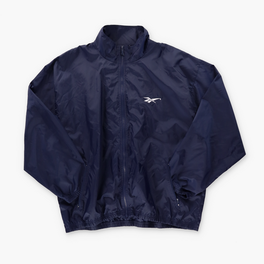 REEBOK Spell Out Embroidered Logo Navy Zip Up Windbreaker Jacket (XL)