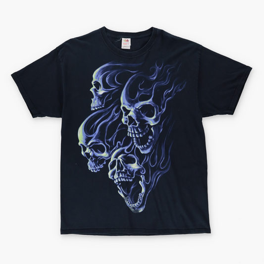 VINTAGE Glow Skull Flame Grunge Blue & Black Tee (XL)