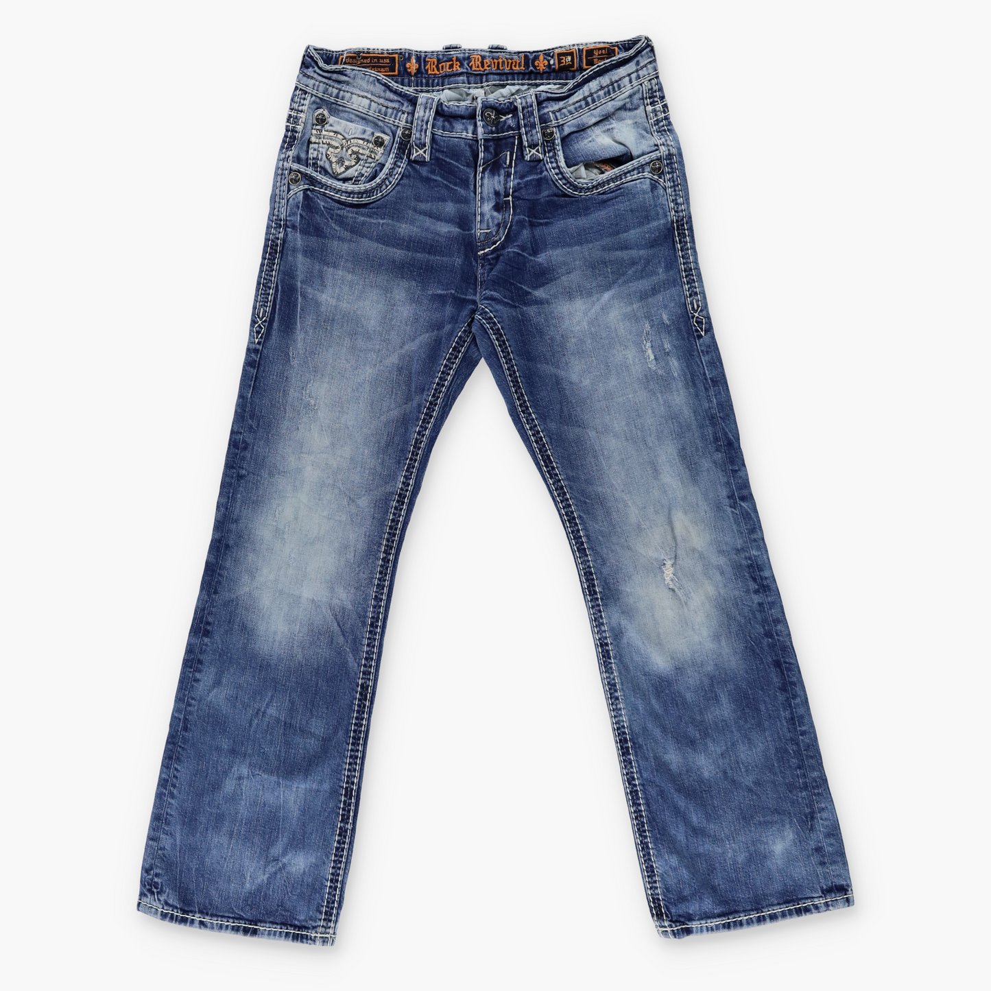ROCK REVIVAL Y2K 'Yoel Boot' Distressed Grunge Blue Jeans (32)