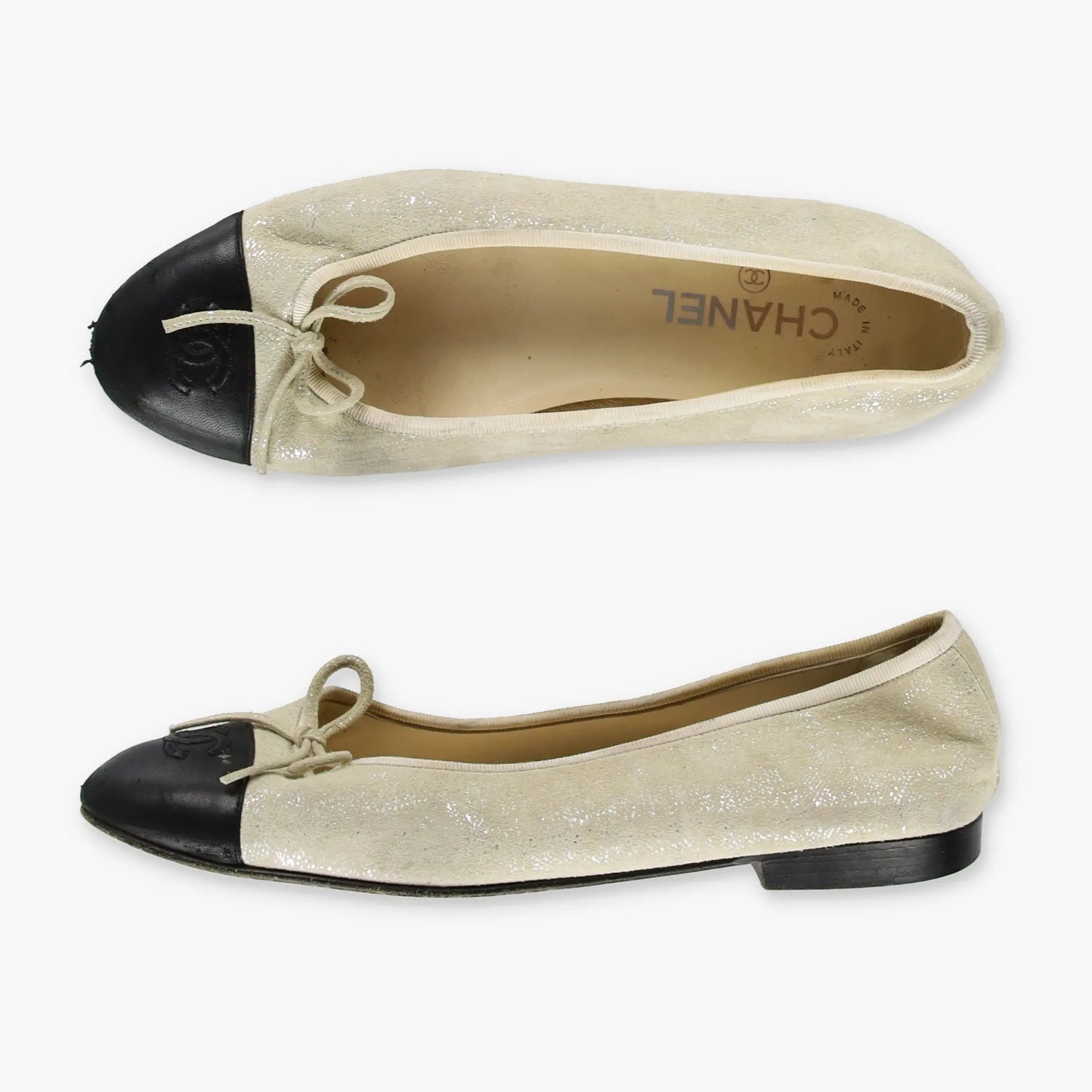 CHANNEL G02819 Cambon Cap Toe Leather Glimmer Black & Neutral Chic Ballet Flats (40)