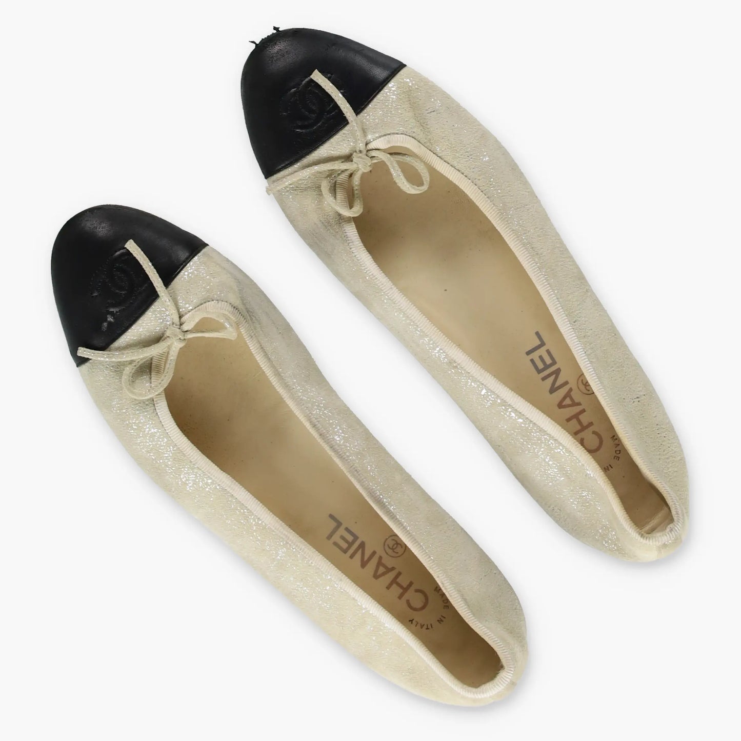 CHANNEL G02819 Cambon Cap Toe Leather Glimmer Black & Neutral Chic Ballet Flats (40)