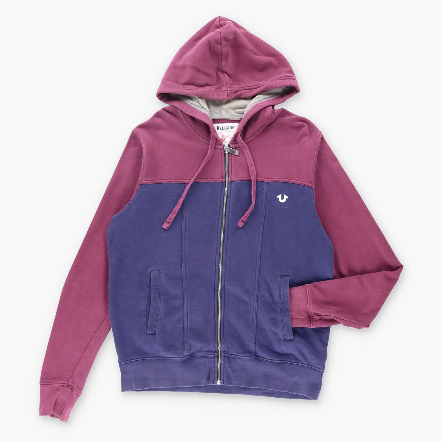 Vintage TRUE RELIGION Two Tone Maroon & Navy Zip Up Hooded Sweatshirt (M)