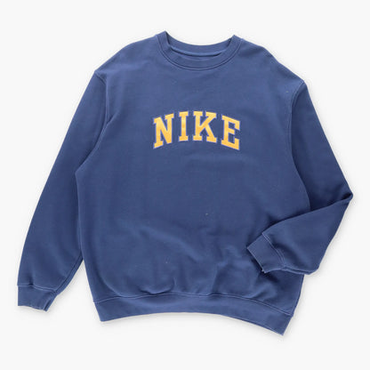 Vintage NIKE Y2K Varsity Embroidered Spell Out Navy & Yellow Sweatshirt (XL)