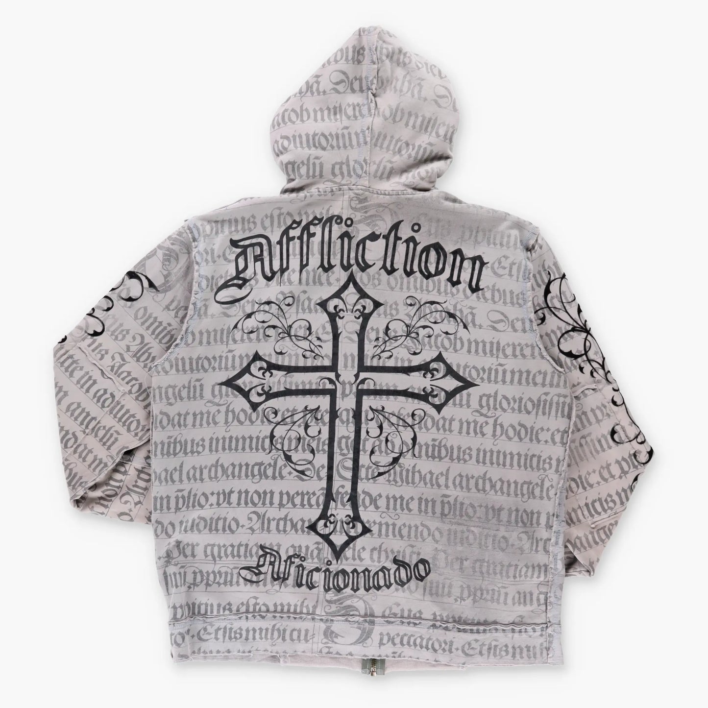 Vintage AFFLICTION Y2K 'Aficionado' Distressed Grey Sweatshirt (XL-XXL)