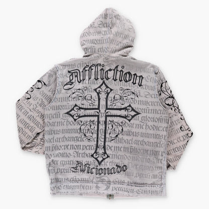 Vintage AFFLICTION Y2K 'Aficionado' Distressed Grey Sweatshirt (XL-XXL)
