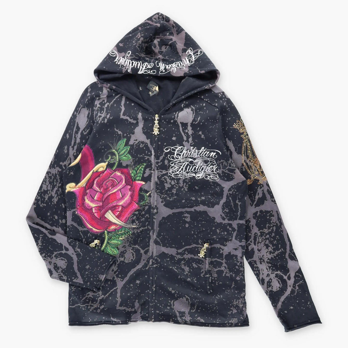 Vintage CHRISTIAN AUDIGIER Y2K Rhinestone Skull Zip Up Hooded Sweatshirt (XL-XXL)