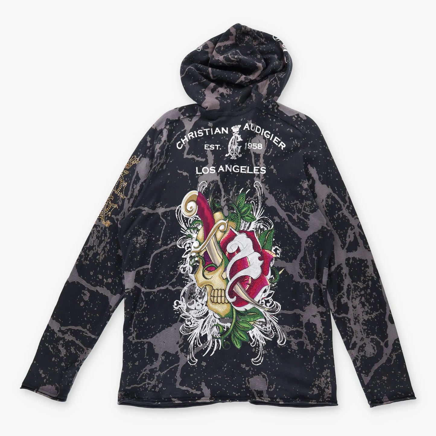 Vintage CHRISTIAN AUDIGIER Y2K Rhinestone Skull Zip Up Hooded Sweatshirt (XL-XXL)