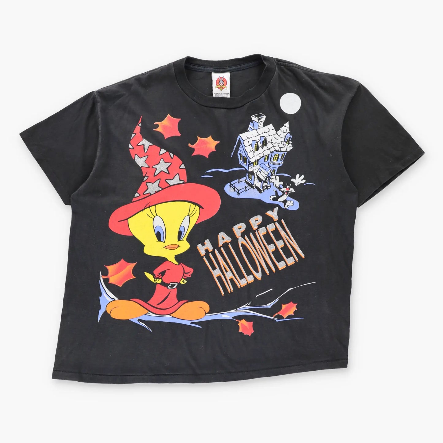 Vintage 1998 LOONEY TUNES Tweety Bird "Happy Halloween!" Glitter Text Black Single Stitch T-Shirt (XL)