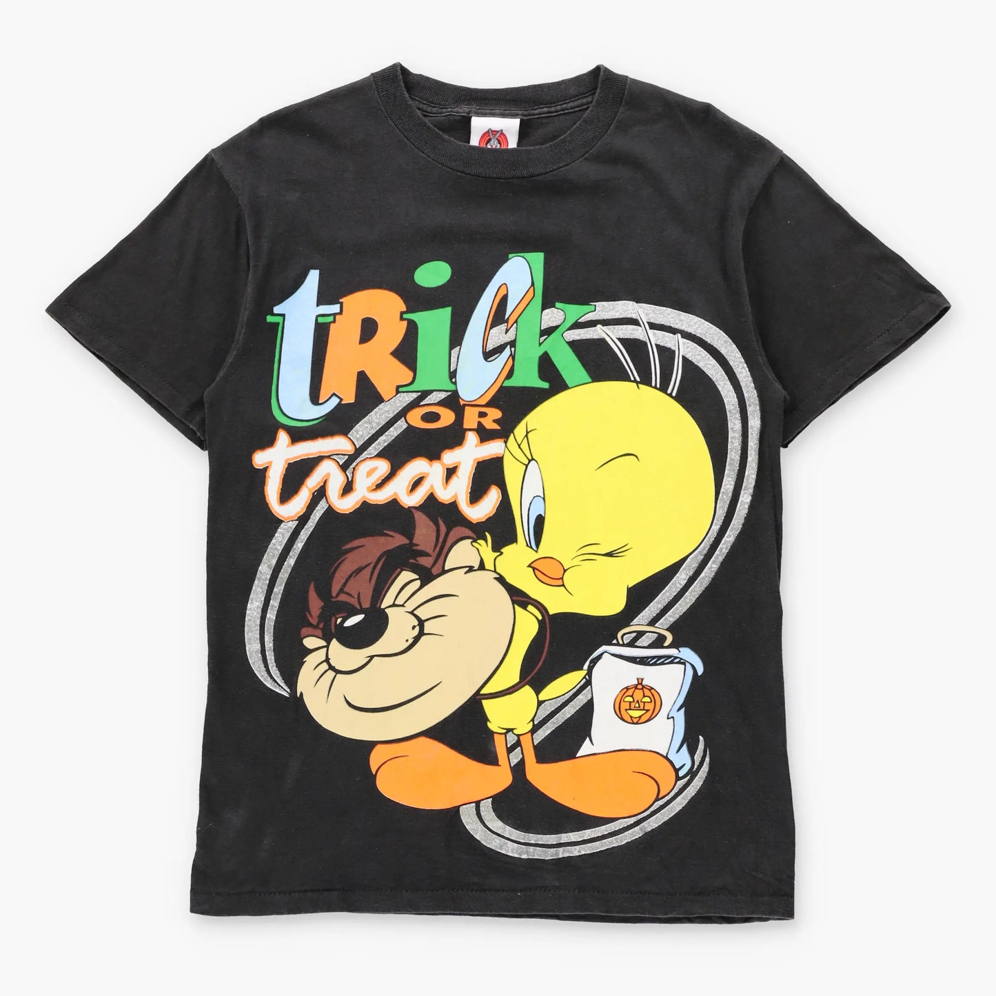 Vintage 90s LOONEY TUNES Tweety Bird & Taz "Trick Or Treat" Glitter Graphic Single Stitch Halloween Tee (S-M TALL)