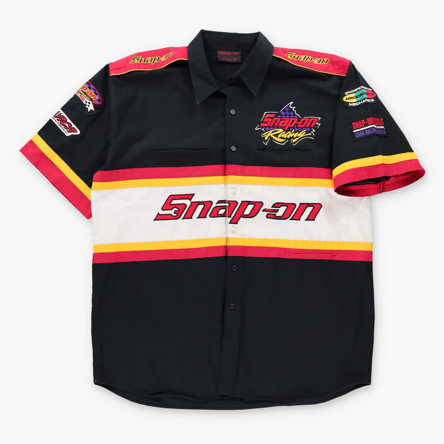 Vintage SNAP-ON RACING Embroidered Logo Patch Motorsport Pit Crew Button Up Short Sleeve Shirt (XXL)
