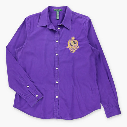 RALPH LAUREN Jeans Company Purple & Gold Embroidered Equestrian Crest Long Sleeve Button Up Shirt (Women's L)
