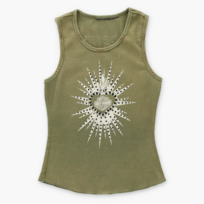 HARLEY DAVIDSON Vintage Y2K Embellished & Studded Olive Green Tank Top (Women's XS-S)