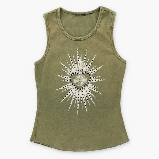 HARLEY DAVIDSON Vintage Y2K Embellished & Studded Olive Green Tank Top (Women's XS-S)