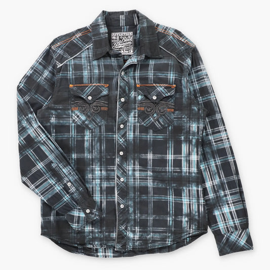 Vintage AFFLICTION x BUCKLE Black & Blue Plaid Y2K Logo Patch Long Sleeve Shirt (M)
