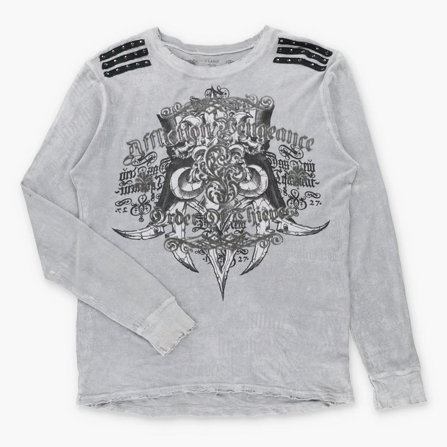 Vintage AFFLICTION Distressed Y2K Grey Velvet Cross Detail USA Made Waffle Thermal Long Sleeve Tee (XL)