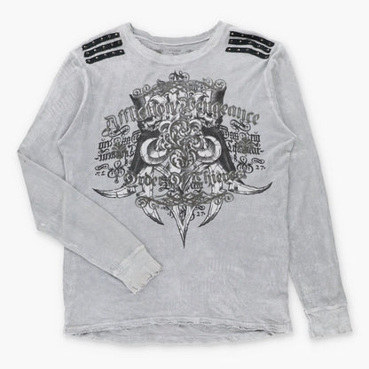 Vintage AFFLICTION Distressed Y2K Grey Velvet Cross Detail USA Made Waffle Thermal Long Sleeve Tee (XL)